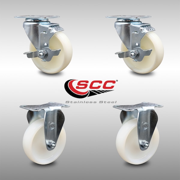 4 Inch SS Nylon Wheel Swivel Top Plate Caster Set with 2 Brake 2 Rigid SCC